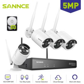 SANNCE Wifi Security Protection 5MP Surveillance Camera NVR Smart IR Night Vision Two way Audio Weatherproof CCTV Cameras System (Color: 4PCS Cameras, Build-in HDD: 2T)